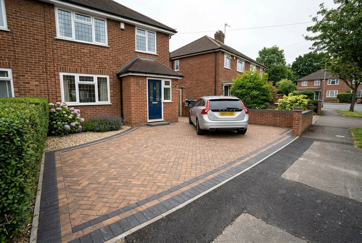 Herringbone block paving driveway with a charcoal border in front of a red-brick semi