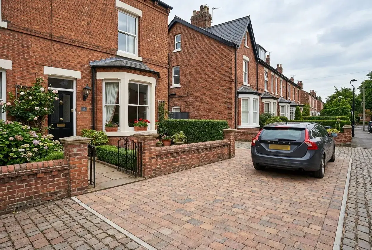 Red-brick Victorian terrace with a brindle block paving driveway, the kind of street found across Darlington