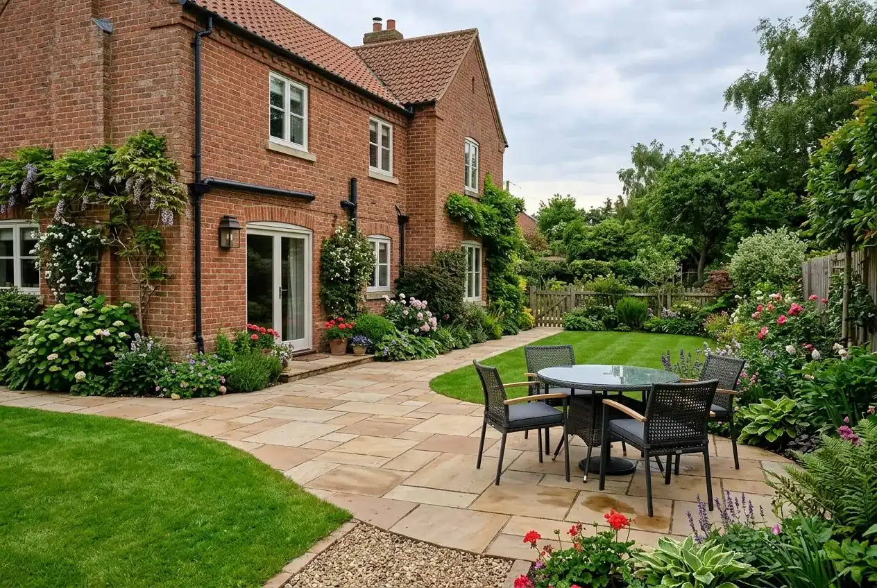 Sandstone patio with a lawn behind a red-brick house