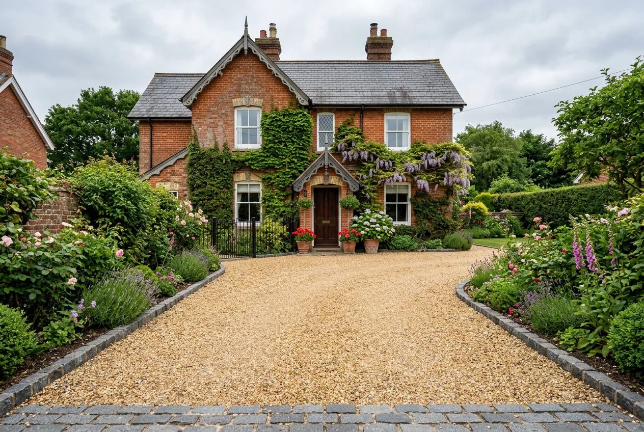 Golden gravel driveway with sett edging before a red-brick Victorian cottage