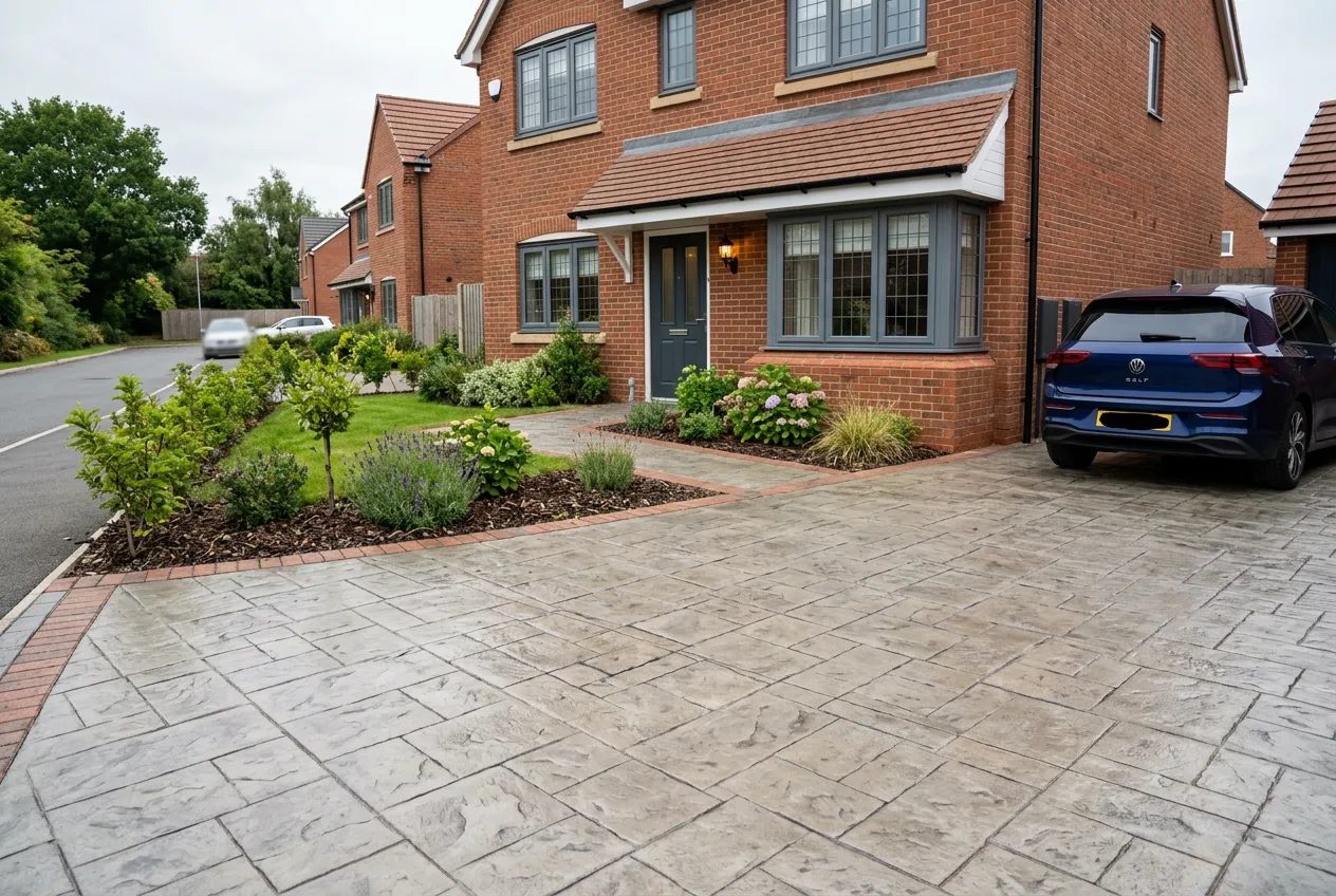 Ashlar slate pattern imprinted concrete driveway in muted grey buff