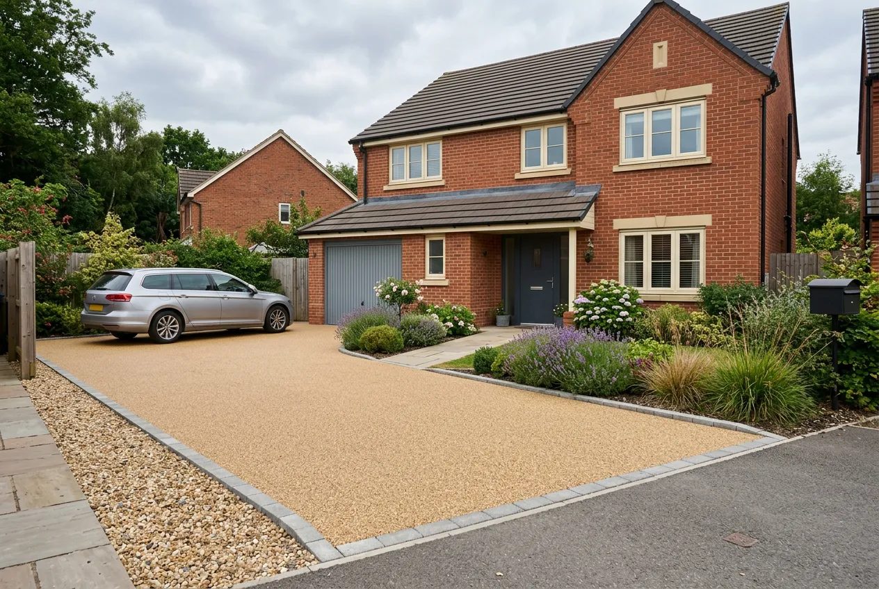 Warm golden resin bound driveway on a modern red-brick house