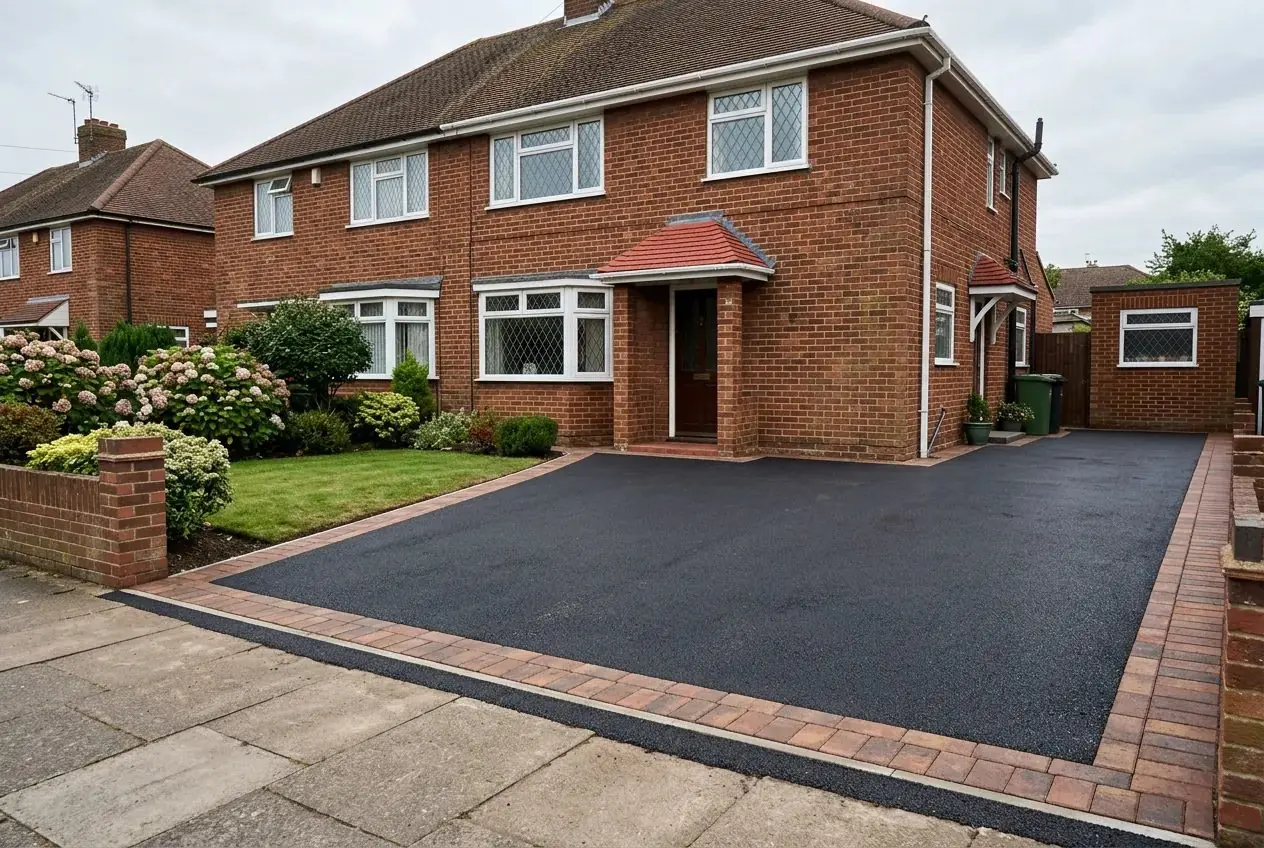 Black tarmac driveway with block paving edging in front of a red-brick semi